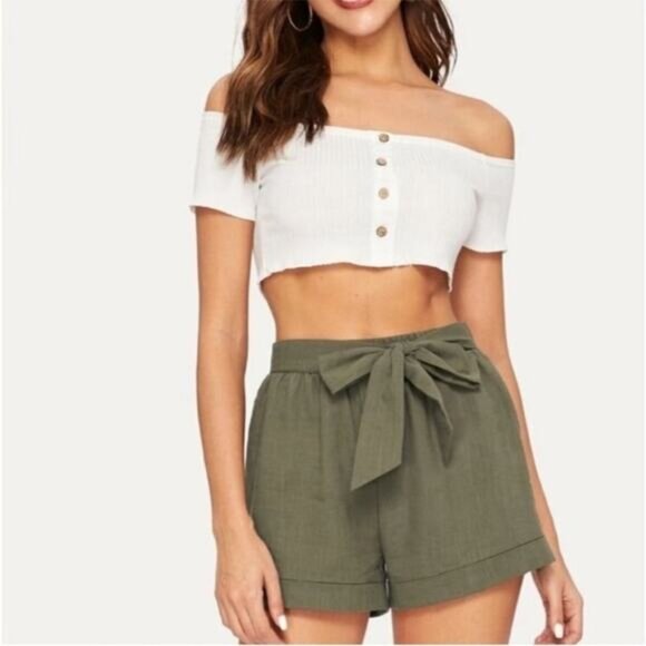Shein Green 100% Cotton Tie Front Casual Shorts Size 6/M - Picture 1 of 7